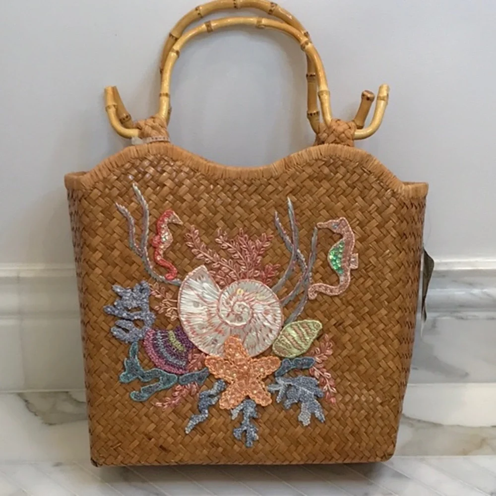 Cappelli Straw handbag nwt, summer beach bag, seashells, bamboo handles - Picture 12 of 13